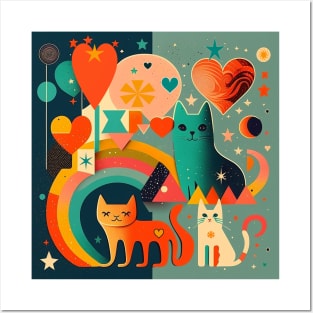 Groovy Cat Art - Rainbows, Hearts and Stars Posters and Art